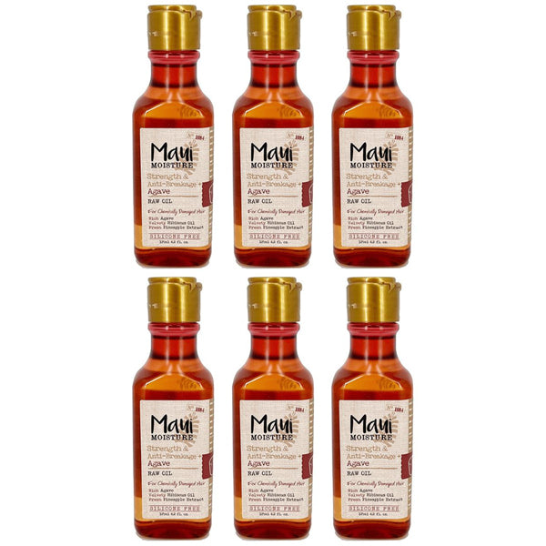 Six bottles of Maui Moisture Strength & Anti-Breakage + Agave Raw Oil, 4.2 oz each, with gold caps and brown labels arranged in two rows. This vegan, silicone-free formula hydrates and strengthens hair for healthier-looking curls.